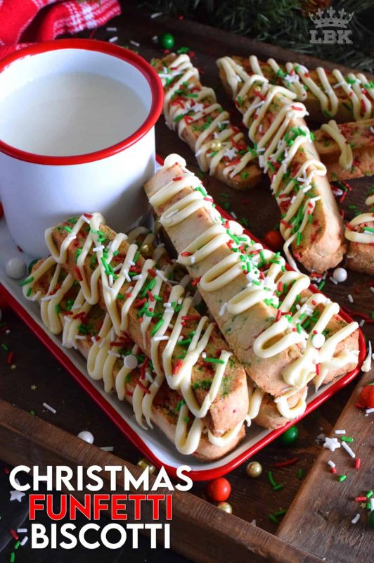 Bring out the kid in you with this festive Christmas Funfetti Biscotti recipe. Drizzled with melted white chocolate, this is a gorgeous gift-able treat everyone on your Christmas list will love! #funfetti #biscotti #christmas #holiday #baking #sprinkles