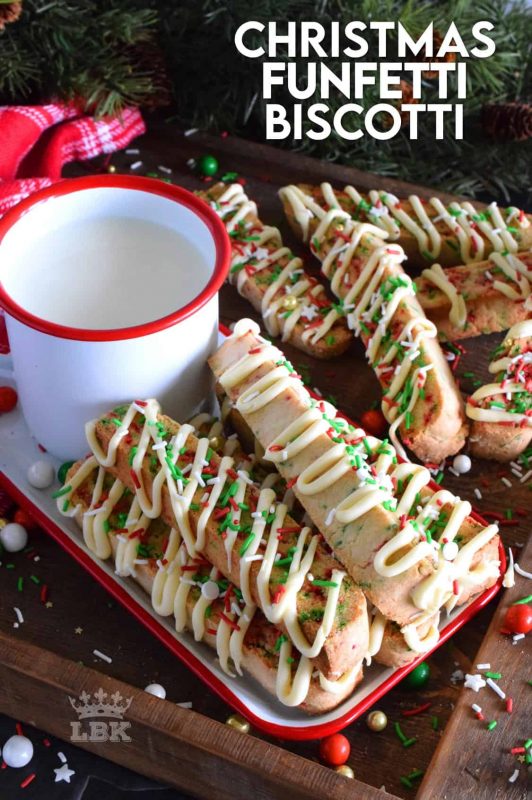 Bring out the kid in you with this festive Christmas Funfetti Biscotti recipe. Drizzled with melted white chocolate, this is a gorgeous gift-able treat everyone on your Christmas list will love! #funfetti #biscotti #christmas #holiday #baking #sprinkles