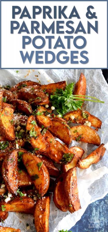 Roasted to perfection and perfectly seasoned, Paprika and Parmesan Potato Wedges are the perfect side dish - smoky, garlicky, onion-y, and cheesy - could these get any better? #potato #wedges #baked #roasted #paprika #parmesan