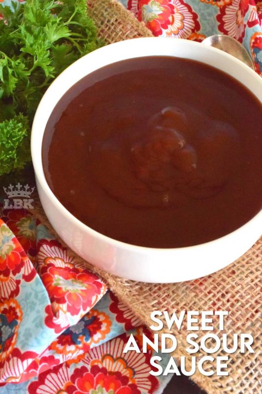It takes five minutes to make this delicious Sweet and Sour Sauce.  With a perfect sweet and sour balance, you'll want to pour this sauce on just about everything! #sweet #sour #sauce #sweetandsour #homemade