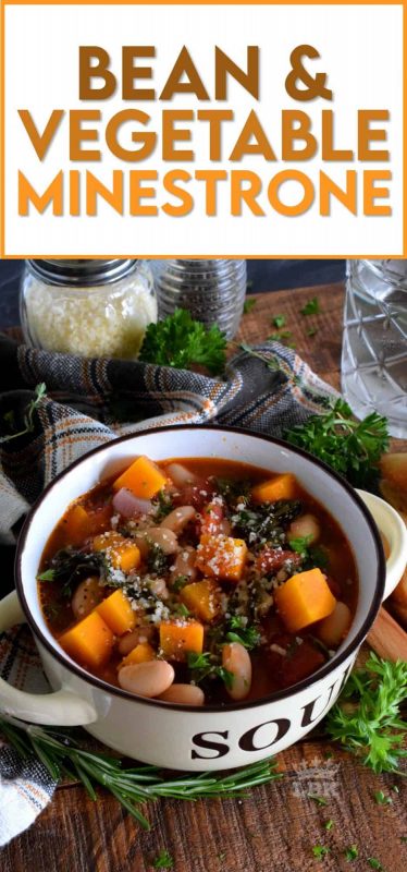 A hearty soup for a cold day, Bean and Vegetable Minestrone is prepared with Swiss chard, tomatoes, white beans, and more.  Serve with a sprinkle of parmesan and some grilled bread for a complete meal! #vegetarian #soup #minestrone #beans #coldweather #swisschard