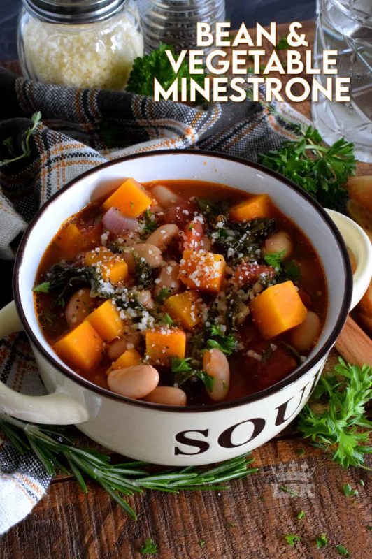 A hearty soup for a cold day, Bean and Vegetable Minestrone is prepared with Swiss chard, tomatoes, white beans, and more. Serve with a sprinkle of parmesan and some grilled bread for a complete meal! #vegetarian #soup #minestrone #beans #coldweather #swisschard