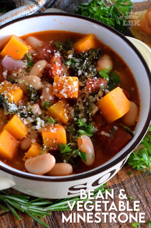 A hearty soup for a cold day, Bean and Vegetable Minestrone is prepared with Swiss chard, tomatoes, white beans, and more. Serve with a sprinkle of parmesan and some grilled bread for a complete meal! #vegetarian #soup #minestrone #beans #coldweather #swisschard