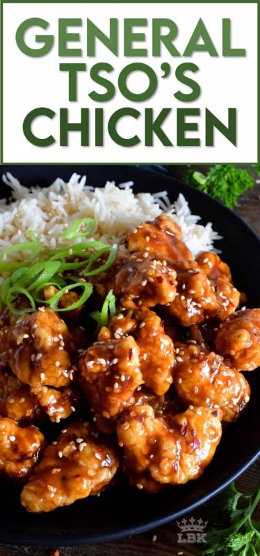 General Tso's Chicken is a North American Chinese food favourite! Fried, crispy, battered chicken is tossed in a sweet and spicy garlic and ginger sauce. Serve with extra sesame seeds and lots of rice for a great take out dinner made at home! #general #tso #tso's #chicken #homemade #takeout #chinese #food