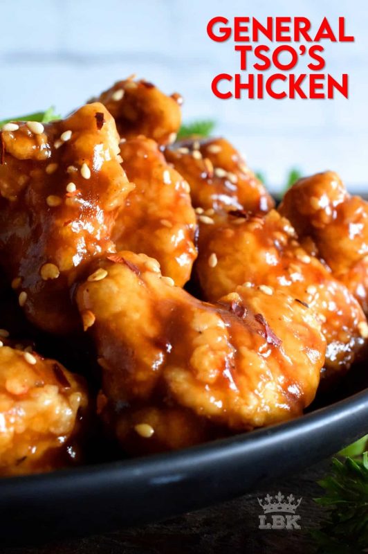 General Tso's Chicken is a North American Chinese food favourite! Fried, crispy, battered chicken is tossed in a sweet and spicy garlic and ginger sauce. Serve with extra sesame seeds and lots of rice for a great take out dinner made at home! #general #tso #tso's #chicken #homemade #takeout #chinese #food