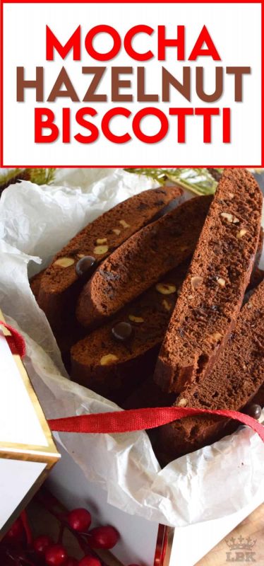 Mocha Hazelnut Biscotti is prepared with deep, rich cocoa, espresso powder, coffee liqueur, chocolate espresso beans, and roasted hazelnuts. This is one very serious biscotti recipe! #biscotti #cookies #mocha #espresso #chocolate #christmas #holiday #baking