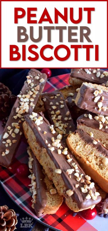A delicious crisp confection that tastes just as good as it looks! Peanut Butter Biscotti is loaded with peanut butter flavour and paired with melted milk chocolate! #peanutbutter #biscotti #cookies #chocolate #christmas #baking #holiday