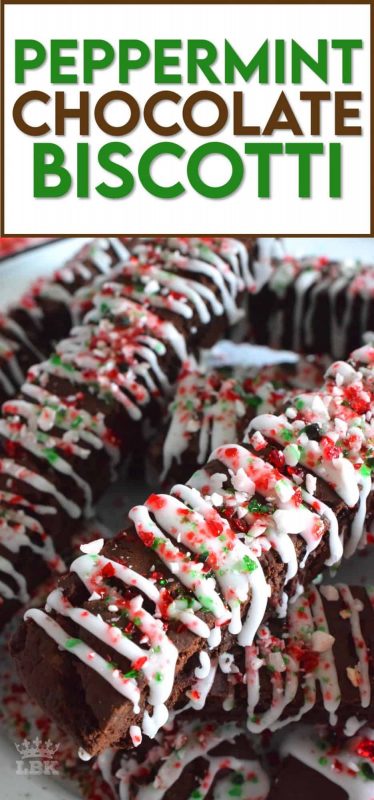 Loaded up with chocolate, Peppermint Chocolate Biscotti has cocoa, chocolate chips, and a white chocolate drizzle. For fun and flavour, there's crushed candy canes too! #candycanes #peppermint #chocolate #biscotti #christmas #holiday #baking #cookies