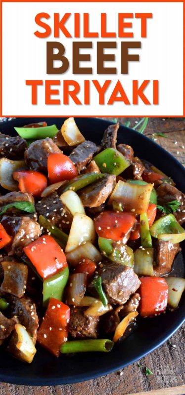 Large pieces of cubed sirloin tip roast is sautéed with peppers, onions, and garlic, in this Skillet Beef Teriyaki dish.  Finish with green onions and sesame seeds for quick and easy main! #skillet #beef #sirloin #tip #roast #teriyaki #sesame #sauce