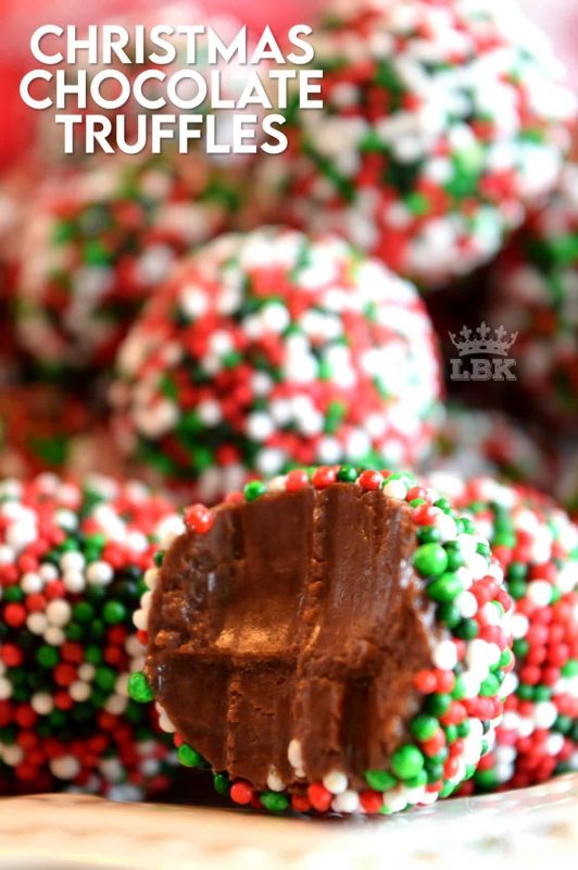 With only 4 ingredients, including the sprinkles, Christmas Chocolate Truffles are easy to make and fun to eat. These make lovely gifts for friends and neighbours, so make lots! #truffles #nobake #chocolate #christmas #holiday