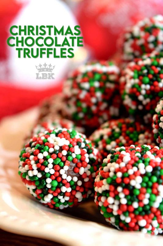 With only 4 ingredients, including the sprinkles, Christmas Chocolate Truffles are easy to make and fun to eat. These make lovely gifts for friends and neighbours, so make lots! #truffles #nobake #chocolate #christmas #holiday