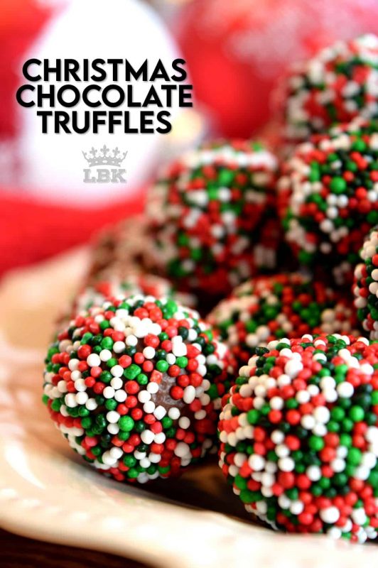 With only 4 ingredients, including the sprinkles, Christmas Chocolate Truffles are easy to make and fun to eat. These make lovely gifts for friends and neighbours, so make lots! #truffles #nobake #chocolate #christmas #holiday