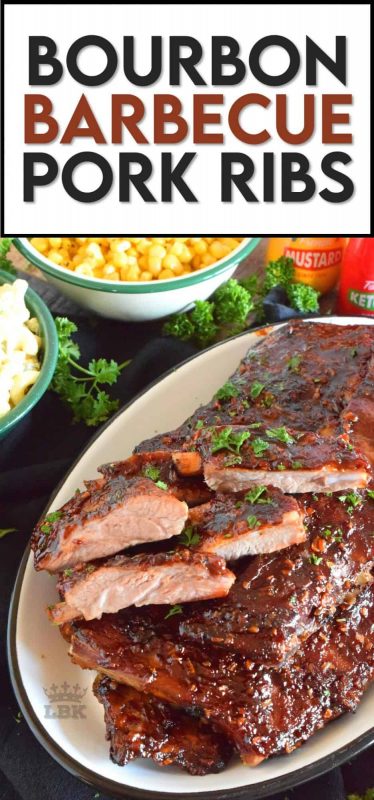 Bourbon Barbecue Pork Ribs are fall-off-the-bone tender. They are slow baked in the oven and basted with a thick and glossy, spicy and sweet, partially homemade bourbon barbecue sauce. Half a rack per person sounds right, yes!? #porkribs #bourbon #barbecue #oven #ribs