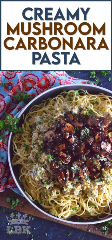 Dinner for two or a Sunday night family main, Creamy Mushroom Carbonara Pasta is made with sautéed mushrooms, sprouts, shallots, and garlic. Tossed in a cream cheese and parmesan sauce, this is a very delicious pasta that everyone will love! #mushroom #carbonara #pasta #creamy #vegetarian
