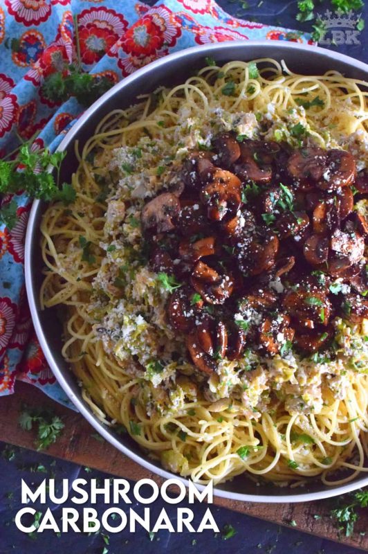 Dinner for two or a Sunday night family main, Creamy Mushroom Carbonara Pasta is made with sautéed mushrooms, sprouts, shallots, and garlic. Tossed in a cream cheese and parmesan sauce, this is a very delicious pasta that everyone will love! #mushroom #carbonara #pasta #creamy #vegetarian