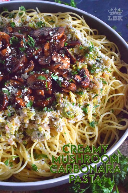 Dinner for two or a Sunday night family main, Creamy Mushroom Carbonara Pasta is made with sautéed mushrooms, sprouts, shallots, and garlic. Tossed in a cream cheese and parmesan sauce, this is a very delicious pasta that everyone will love! #mushroom #carbonara #pasta #creamy #vegetarian