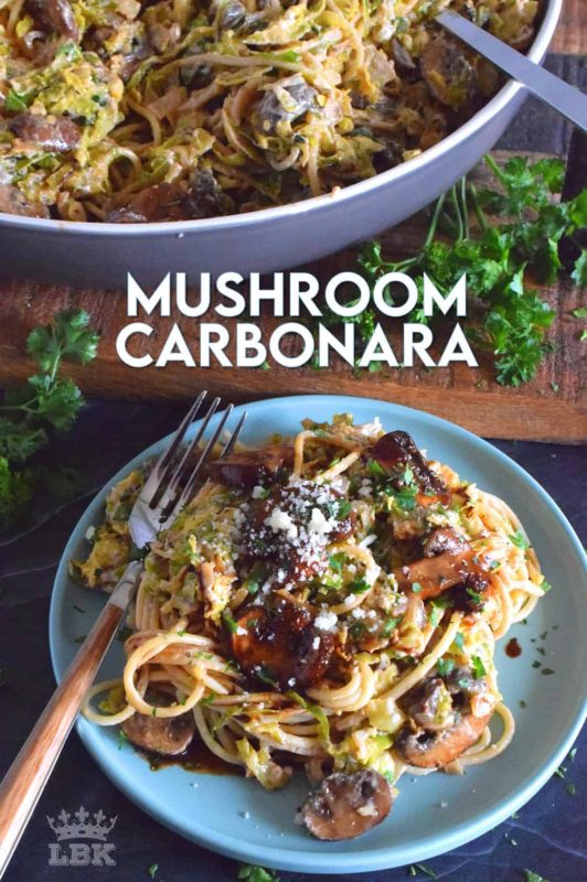 Dinner for two or a Sunday night family main, Creamy Mushroom Carbonara Pasta is made with sautéed mushrooms, sprouts, shallots, and garlic. Tossed in a cream cheese and parmesan sauce, this is a very delicious pasta that everyone will love! #mushroom #carbonara #pasta #creamy #vegetarian