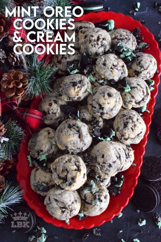 A soft and chewy cookie that's stuffed with crushed Mint Oreo Cookies and chocolate chips. Prepared with cream cheese, this cookie is sure to stay soft and moist until they're all gone! #oreo #mintoreos #cookiesandcream