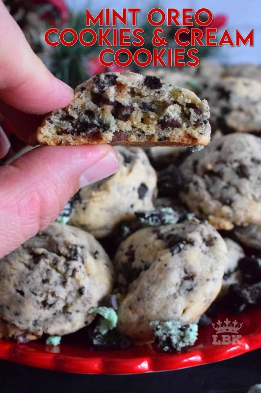 A soft and chewy cookie that's stuffed with crushed Mint Oreo Cookies and chocolate chips. Prepared with cream cheese, this cookie is sure to stay soft and moist until they're all gone! #oreo #mintoreos #cookiesandcream
