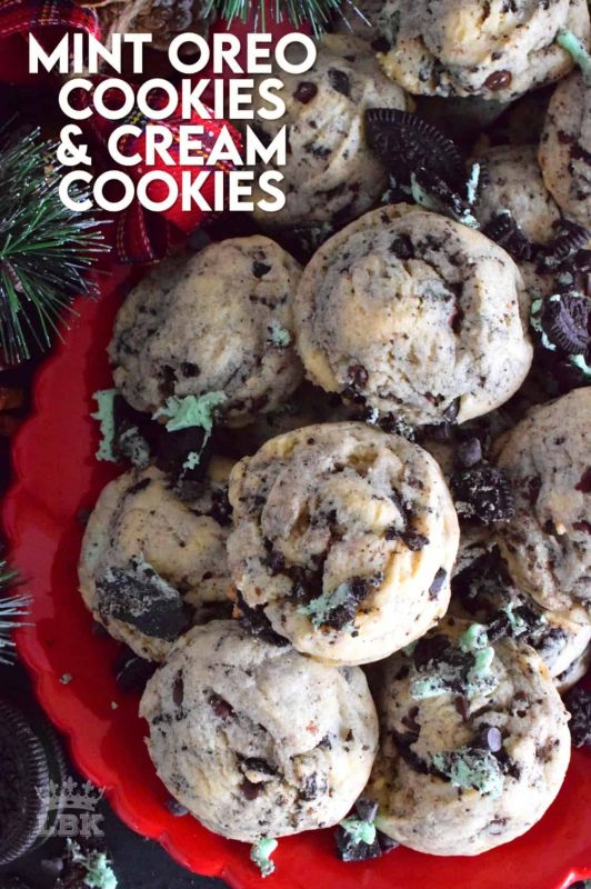 A soft and chewy cookie that's stuffed with crushed Mint Oreo Cookies and chocolate chips. Prepared with cream cheese, this cookie is sure to stay soft and moist until they're all gone! #oreo #mintoreos #cookiesandcream