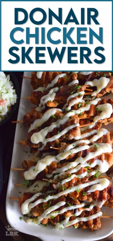 Donair Chicken Skewers are prepared with marinated chicken thighs in a make-at-home Greek seasoning blend, and then grilled to perfection.  Topped with a homemade donair sauce, these skewers will be an immediate new family favourite! #donair #chicken #skewers #grilled #sauce #foodonsticks