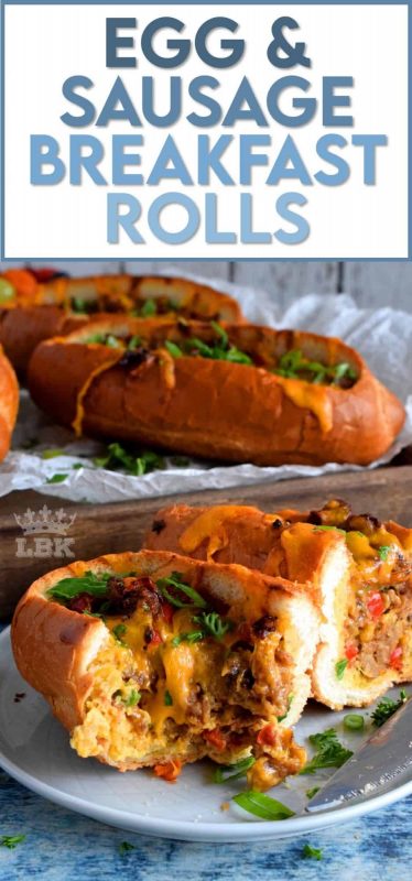 This dish has everything a good traditional breakfast needs - eggs, meat, and bread. Egg and Sausage Breakfast Rolls are delicious, easy, and fun too! It's as simple as hollowing out rolls, filling them with egg, sausage, and cheese, before baking them until the cheese is melted and bubbly. Sounds delicious, right? #sausage #sausageandegg #breakfast #sausagerolls #brunch