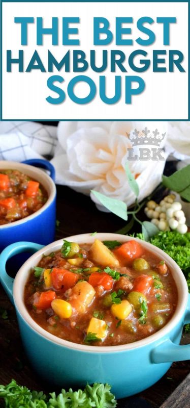 Hamburger Soup is thick and chunky and uses absolutely no fillers.  This soup is all beef and all vegetables; it's also family and budget friendly! #hamburger #ground #beef #soup #stew #family #recipes