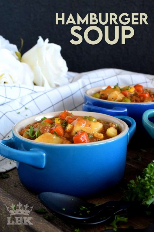 Hamburger Soup is thick and chunky and uses absolutely no fillers.  This soup is all beef and all vegetables; it's also family and budget friendly! #hamburger #ground #beef #soup #stew #family #recipes