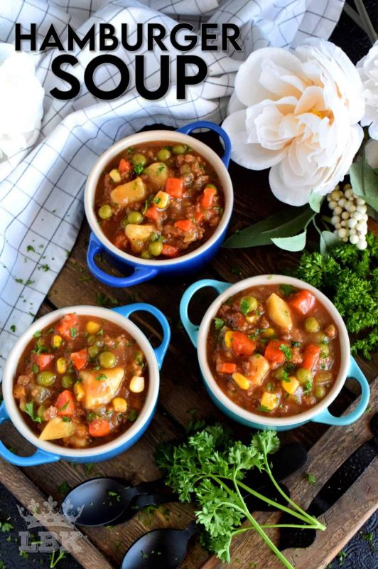 Hamburger Soup is thick and chunky and uses absolutely no fillers.  This soup is all beef and all vegetables; it's also family and budget friendly! #hamburger #ground #beef #soup #stew #family #recipes