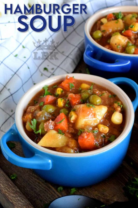 Hamburger Soup is thick and chunky and uses absolutely no fillers.  This soup is all beef and all vegetables; it's also family and budget friendly! #hamburger #ground #beef #soup #stew #family #recipes