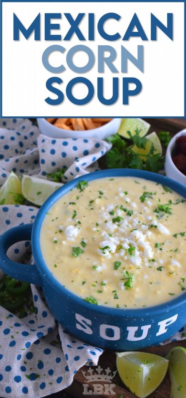 Prepared with sour cream and cream cheese, Mexican Corn Soup is warm and cozy, creamy and cheesy, and has a little bit of heat and zing. Serve with crumbled bacon, tortilla chips, and lime wedges. #mexican #cornsoup #mexicansoup #creamy #cheesy #soup