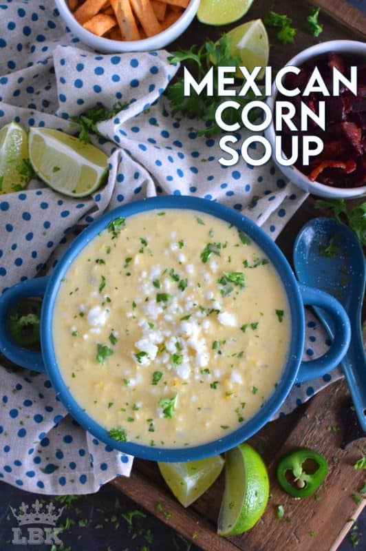 Prepared with sour cream and cream cheese, Mexican Corn Soup is warm and cozy, creamy and cheesy, and has a little bit of heat and zing. Serve with crumbled bacon, tortilla chips, and lime wedges. #mexican #cornsoup #mexicansoup #creamy #cheesy #soup