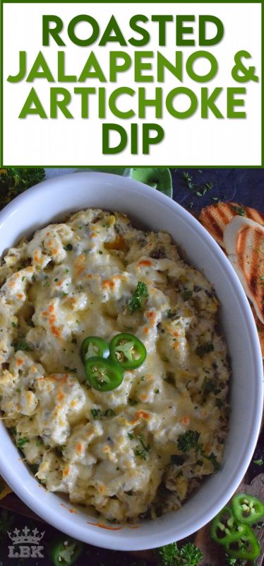 Cheesy, creamy, and baked until hot and bubbly, Roasted Jalapeno and Artichoke Dip is one of those dips you need to prepare for game day, an evening with friends, or a quiet movie night at home with family. #jalapeno #artichoke #dip #hotdips #spicy #bakeddips