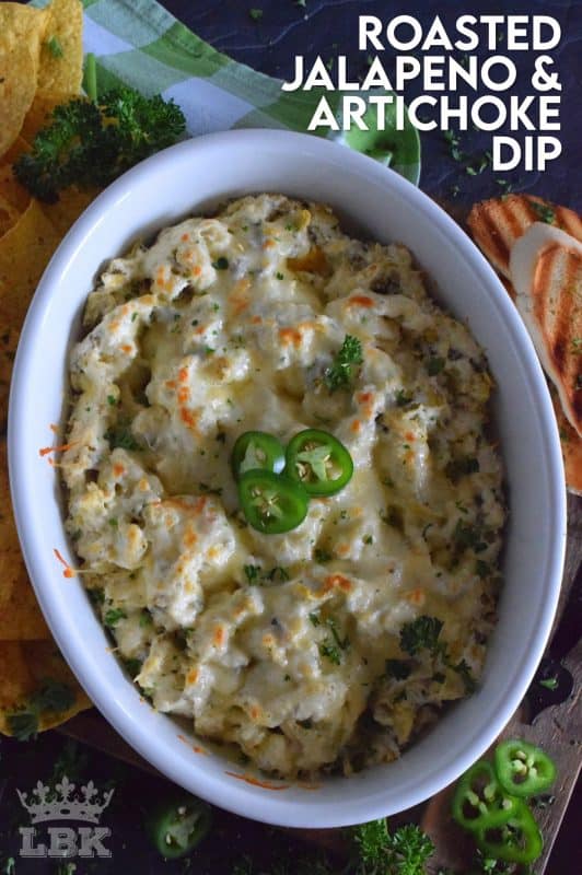 Cheesy, creamy, and baked until hot and bubbly, Roasted Jalapeno and Artichoke Dip is one of those dips you need to prepare for game day, an evening with friends, or a quiet movie night at home with family. #jalapeno #artichoke #dip #hotdips #spicy #bakeddips