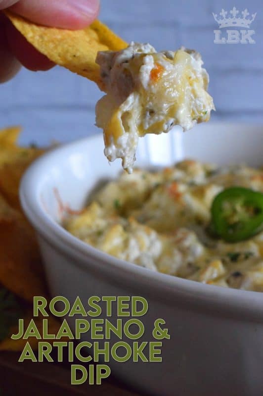 Cheesy, creamy, and baked until hot and bubbly, Roasted Jalapeno and Artichoke Dip is one of those dips you need to prepare for game day, an evening with friends, or a quiet movie night at home with family. #jalapeno #artichoke #dip #hotdips #spicy #bakeddips