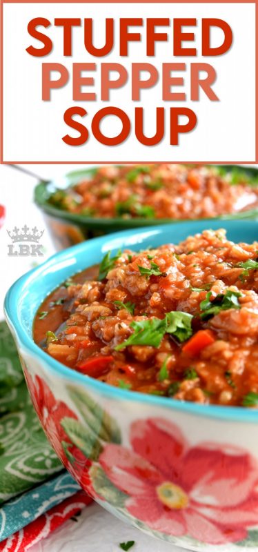 Stuffed Pepper Soup is one of those dishes that comes together quickly, feeds a large family, and eliminates the fuss of mixing, stuffing, and baking.  In one big pot, all the flavours of stuffed peppers comes together in a hearty, delicious, family-friendly, soup. #soup #stuffedpeppers #vegetariansoup #tvp #stuffedpeppersoup