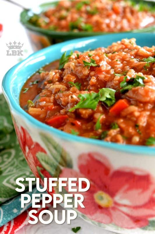 Stuffed Pepper Soup is one of those dishes that comes together quickly, feeds a large family, and eliminates the fuss of mixing, stuffing, and baking. In one big pot, all the flavours of stuffed peppers comes together in a hearty, delicious, family-friendly, soup. #soup #stuffedpeppers #vegetariansoup #tvp #stuffedpeppersoup