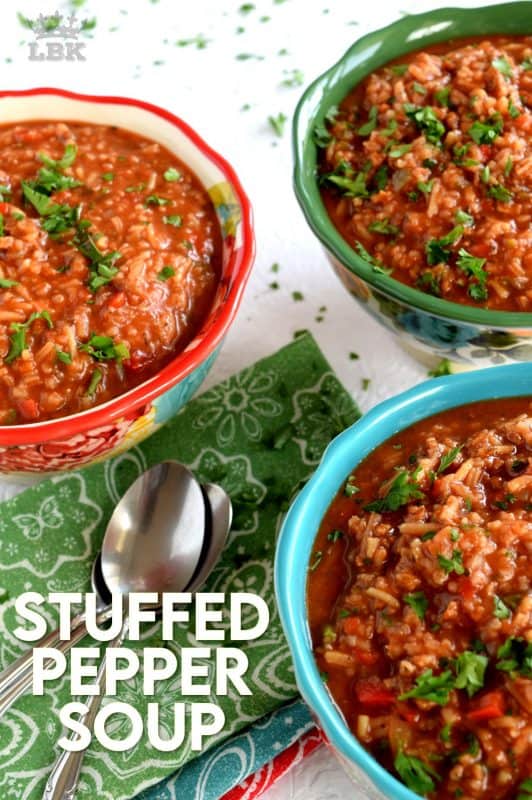 Stuffed Pepper Soup is one of those dishes that comes together quickly, feeds a large family, and eliminates the fuss of mixing, stuffing, and baking. In one big pot, all the flavours of stuffed peppers comes together in a hearty, delicious, family-friendly, soup. #soup #stuffedpeppers #vegetariansoup #tvp #stuffedpeppersoup