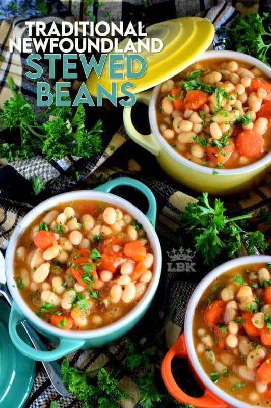 A soup that's worthy of the name stew; meatless and delicious, Traditional Newfoundland Stewed Beans transforms rustic, homey ingredients into a hearty and wholesome meal! #stewedbeans #newfoundland #newfierecipes #stew #soup #newfoundlandrecipes