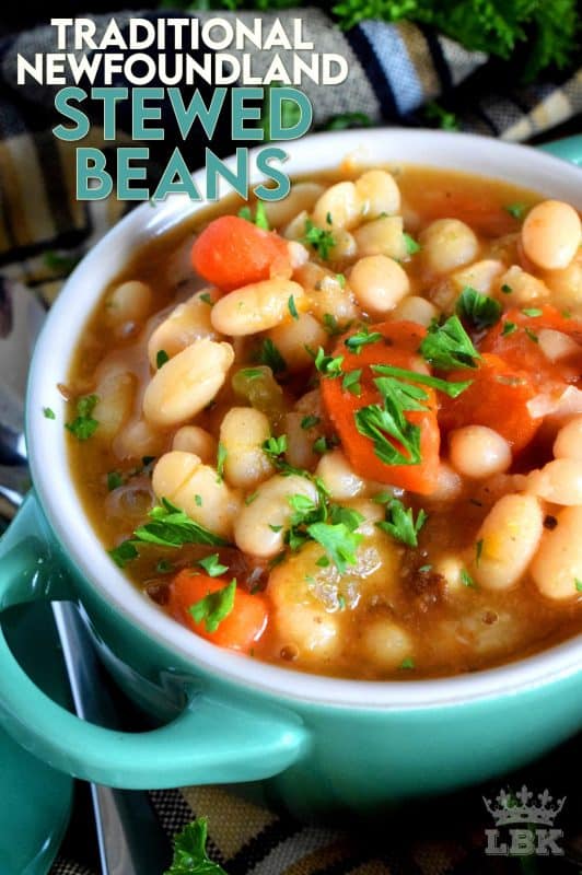 A soup that's worthy of the name stew; meatless and delicious, Traditional Newfoundland Stewed Beans transforms rustic, homey ingredients into a hearty and wholesome meal! #stewedbeans #newfoundland #newfierecipes #stew #soup #newfoundlandrecipes