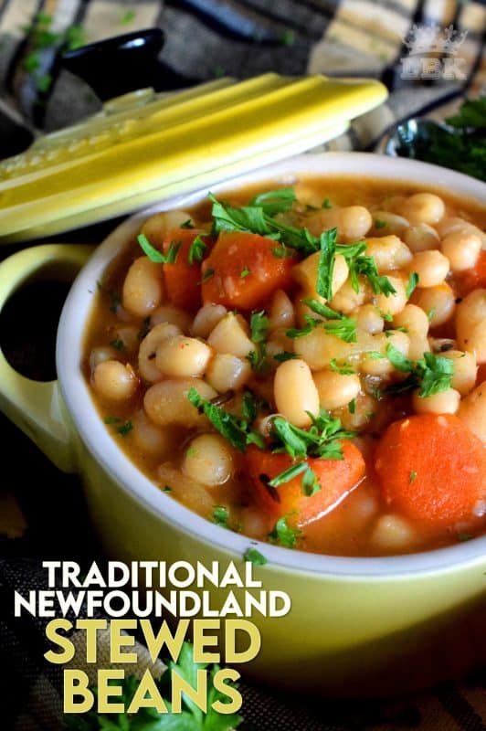 A soup that's worthy of the name stew; meatless and delicious, Traditional Newfoundland Stewed Beans transforms rustic, homey ingredients into a hearty and wholesome meal! #stewedbeans #newfoundland #newfierecipes #stew #soup #newfoundlandrecipes