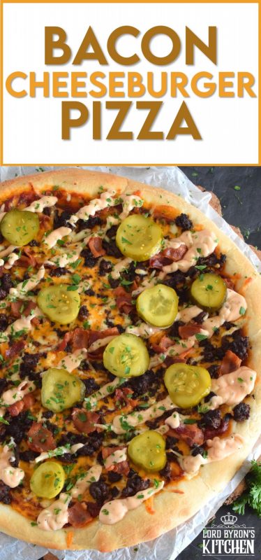 Bacon Cheeseburger Pizza combines the best of two fast food worlds into one! Prepared with ground beef, cheese, pickles, and a copycat burger sauce. Who could resist? #pizza #cheeseburger #beef #bacon #pizzaburger #burgerpizza