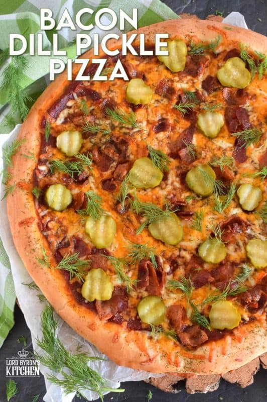 If you love a strong dill presence, you are going to devour this Bacon Dill Pickle Pizza! Prepared with a dill flavoured crust, and topped with fresh dill and dill pickles, this pizza is a dill lovers dream and then some! #dillpickle #bacon #pizza #homemadepizza #dillpicklepizza