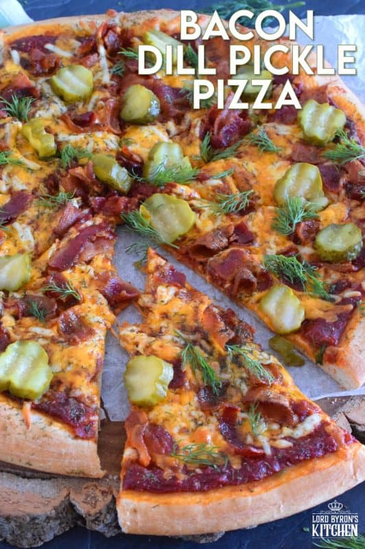 If you love a strong dill presence, you are going to devour this Bacon Dill Pickle Pizza! Prepared with a dill flavoured crust, and topped with fresh dill and dill pickles, this pizza is a dill lovers dream and then some! #dillpickle #bacon #pizza #homemadepizza #dillpicklepizza