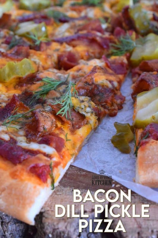 If you love a strong dill presence, you are going to devour this Bacon Dill Pickle Pizza! Prepared with a dill flavoured crust, and topped with fresh dill and dill pickles, this pizza is a dill lovers dream and then some! #dillpickle #bacon #pizza #homemadepizza #dillpicklepizza