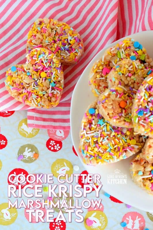 Cookie Cutter Rice Krispy Treats are an easy way to make your own Easter treats at home! Flatten the mixture, refrigerate to firm, and cut with your favourite cookie cutters! #ricekrispytreats #marshmallowtreats #cookiecutters #marshmallow #easter #eastertreats #sprinkles