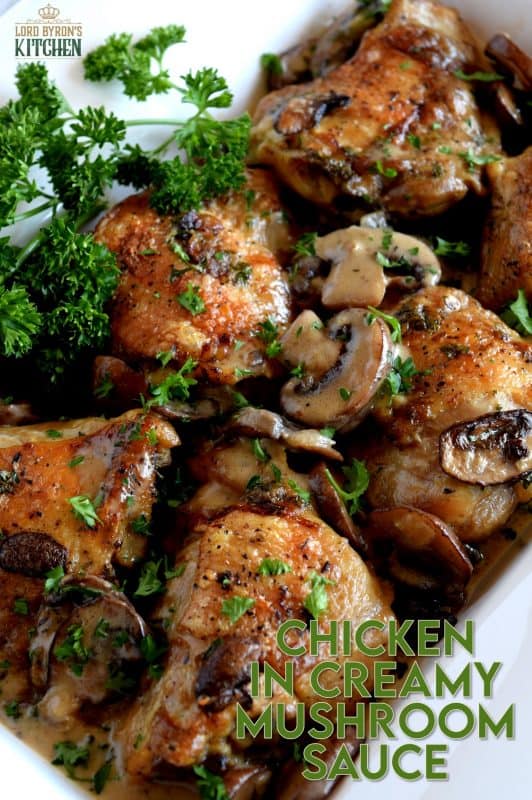 Pan-seared chicken thighs, nestled in a thick, creamy mushroom sauce, and flavoured with aromatic thyme. Chicken in Creamy Mushroom Sauce is sure to be a family favourite! #bakedchicken #mushrooms #creamofmushroom #mushroomsauce #chickeninsauce