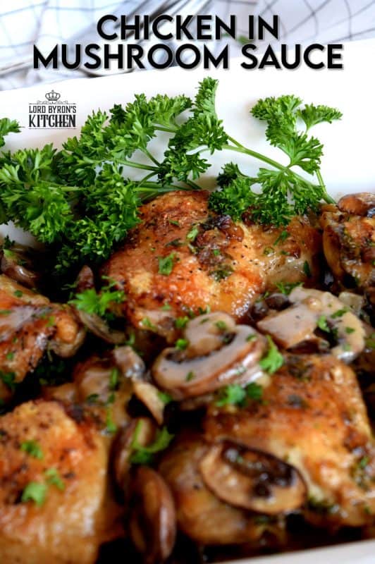 Pan-seared chicken thighs, nestled in a thick, creamy mushroom sauce, and flavoured with aromatic thyme. Chicken in Creamy Mushroom Sauce is sure to be a family favourite! #bakedchicken #mushrooms #creamofmushroom #mushroomsauce #chickeninsauce