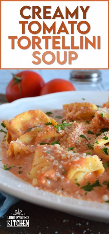 A quick and easy, hearty and cozy dinner, prepared with ready-made ingredients. Creamy Tomato Tortellini Soup is made with canned tomato soup, frozen pasta, and cream cheese. It is the ultimate cold-weather, family-friendly meal! #creamy #tortellini #tomatosoup #soupwithpasta #creamcheese #familyrecipes #meatlessmonday