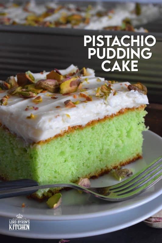 A light and fluffy, yet moist and flavourful Pistachio Pudding Cake topped with cream cheese frosting is perfectly green and festive. This is the ultimate green dessert for St. Patrick's Day! #pistachio #pudding #cake #sheetcake #stpatricksday #greenfood